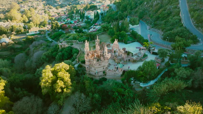 Aerial 4K video from drone to Colomares Monument Castle dedicated to Christopher Columbus. Benalmadena, Malaga, Andalusia, Spain, Europe.