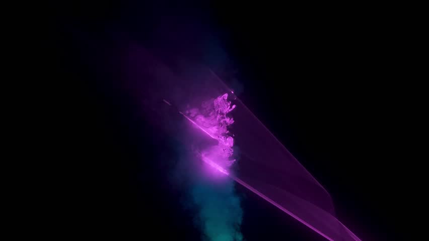 Spinning flashing purple laser light beam flashing in darkness, colorful light ray projector shining through smoky air, isolated on black background.