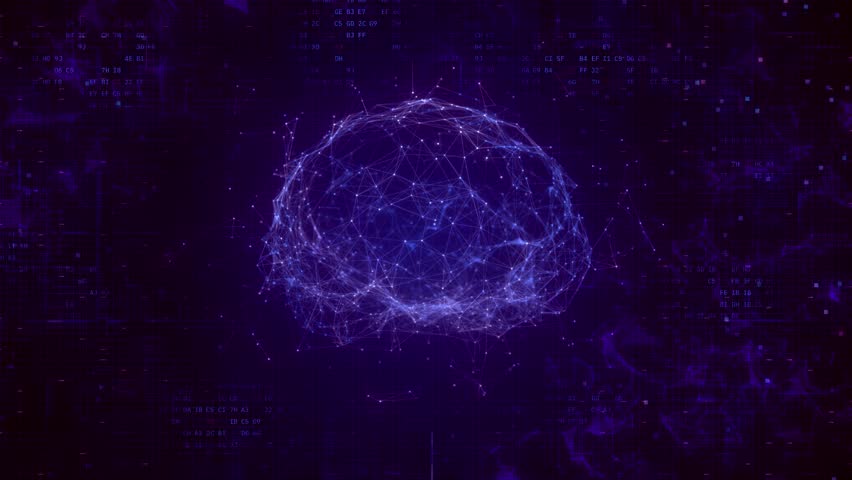 Rotating Futuristic Plexus Brain with Glowing Effects on Digital Data Background