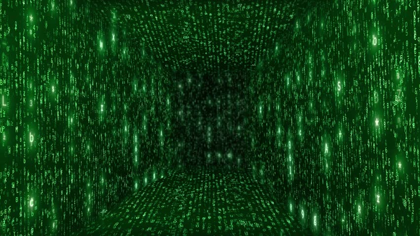 Futuristic Digital Matrix Tunnel: Green Binary Code Rain with Glowing Light and Abstract Data Flow – Perfect for Sci-Fi, AI, Big Data, and Cybersecurity Concepts