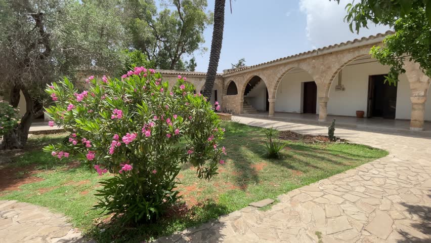 Quiet courtyard of a Greek monastery, place of religious pilgrimage, holy places