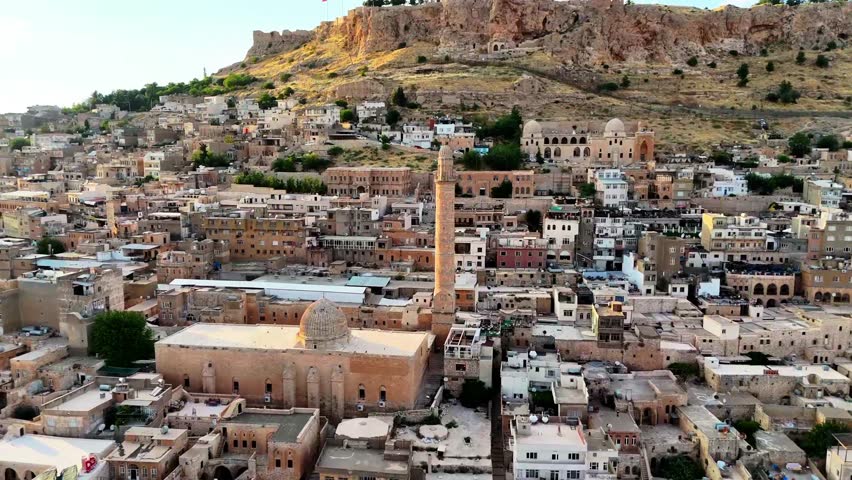 Panoramic view of the historical city of Mardin in Turkey 4K with drone