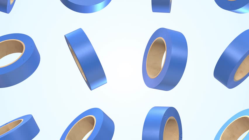 Scotch Tapes Falling on a Light Background. Adhesive Tape Rolls 3D Animation. 4K