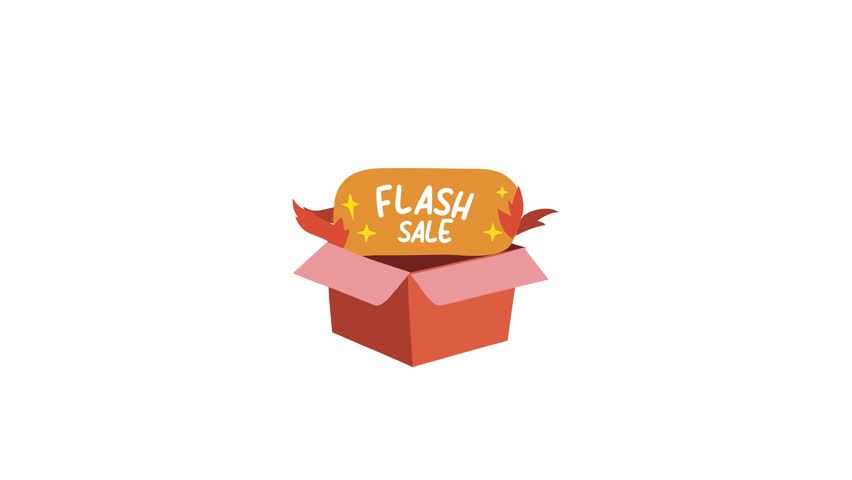 A flat animated sticker featuring an open box with flash sale typography