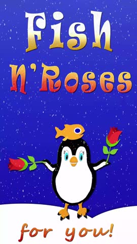 Fish N'Roses for you! Fun cartoon e card for Valentine's Day. Swaying cartoon penguin with blue eyes roses in flippers fish on head on white snowy hills during snowfall, eye catching funny sweet!