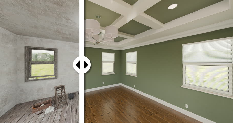 Before and After Slider Revealing Completed Green Room Interior Under Photo of The Unfinished Condition.