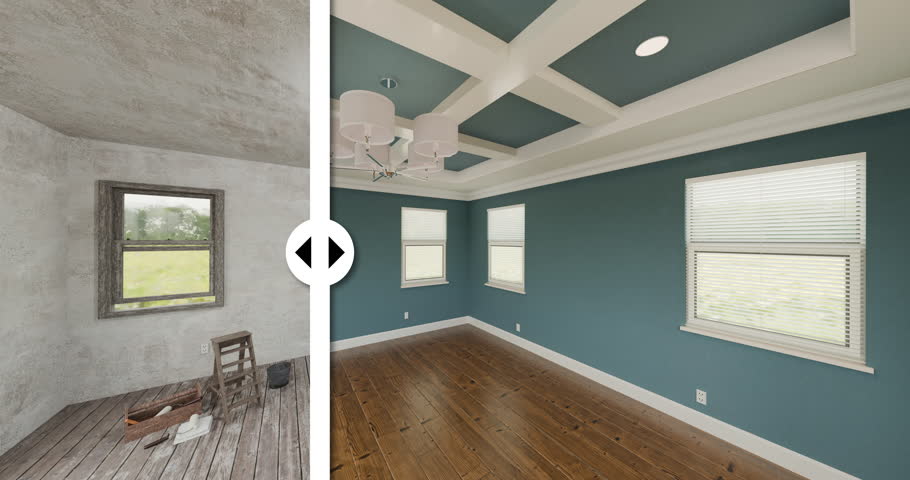 Before and After Slider Revealing Completed Dark Teal Room Interior Under Photo of The Unfinished Condition.
