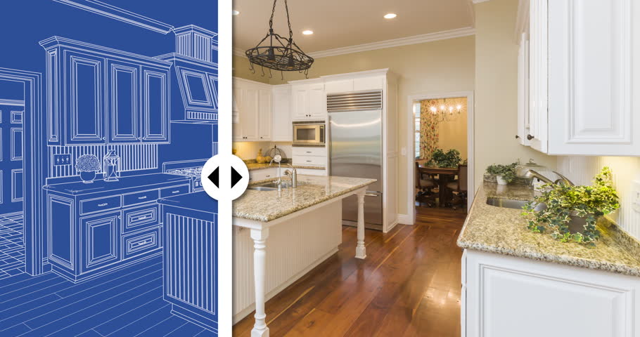 Before and After Slider Revealing Completed Custom Kitchen Under Architectural Blueprint Design.
