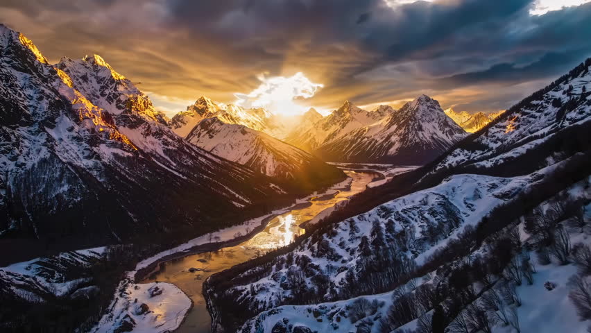 A truly stunning sunrise brilliantly lights up snowy mountains while a beautiful, winding river flows beneath them