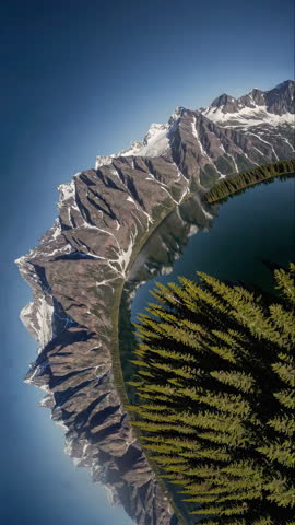 Breathtaking aerial perspective of a tranquil lake, encircled by majestic mountains and vibrant forests.