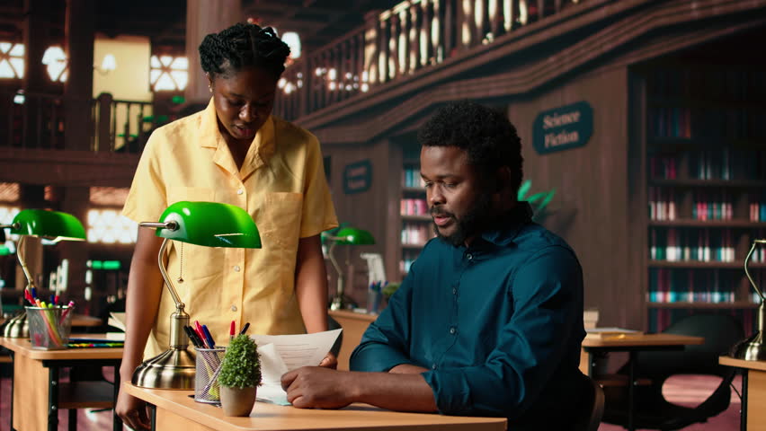 Students team read through an academic project in a classic library, showcasing their commitment to education and self improvement. Black pupils work together on their academic growth. Camera A.