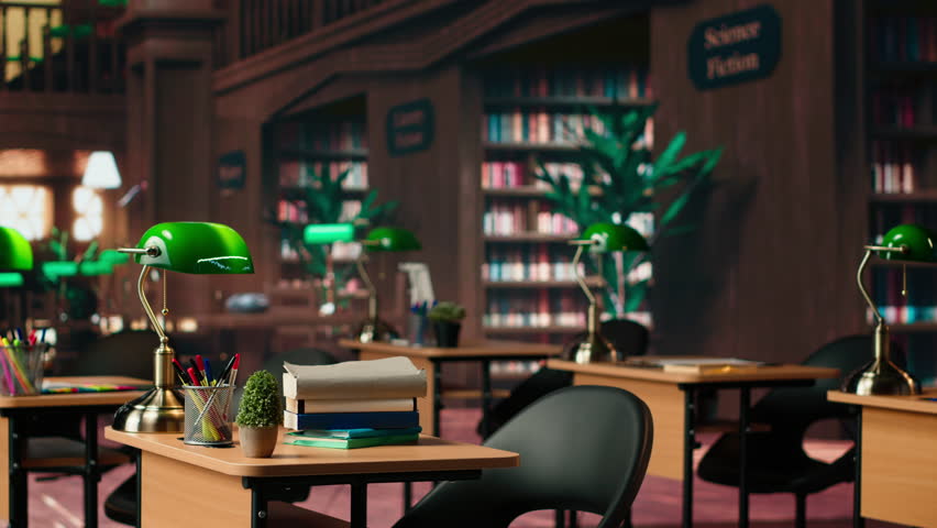 Elegant vintage library with wooden shelves and sophisticated green lamps, a calm workspace for booklovers or scholars. Empty study area perfect for learning, reading or enjoying academic research.