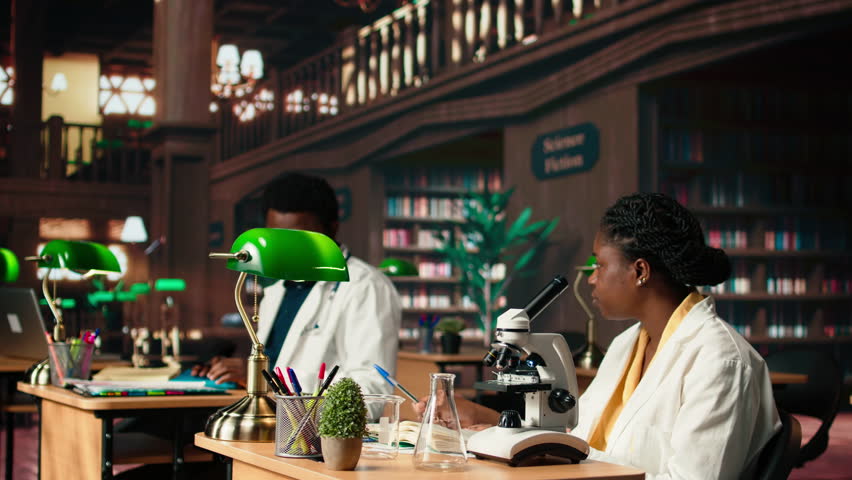 Black students team researching viruses and microbiology methods with a microscope, exchanging ideas and knowledge in the library. Takes notes and consults academic databases. Camera A.