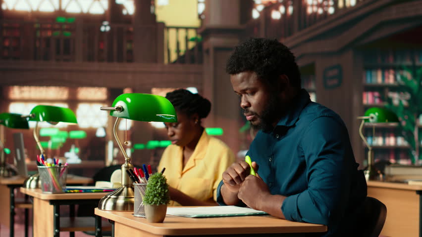African american pupil underlining key words and phrases at the library, creating a summary with the highlighter pen at a university campus study space. Academic research for exams. Camera B.