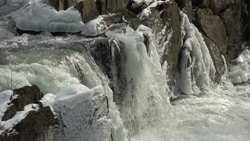 Icy waterfalls on the Potomac River at Olmstead Island near Great Falls at C and O National Historical Park in Potomac, Maryland.