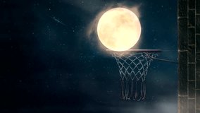 Basketball hoop capturing a glowing full moon with a starry night sky in the background. Seamless looping time-lapse animation video background - Powered by Shutterstock - Get 15% off with code: PIKWIZARD15
