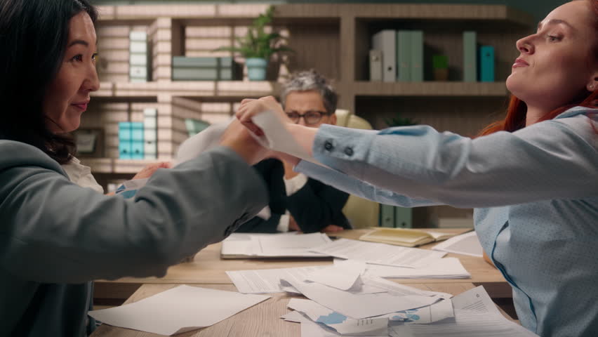 Angry multinational women quarrel conflict tearing papers throw documents business office team diverse stress disagree problem group argue shout colleagues scream females coworkers girls fight trouble