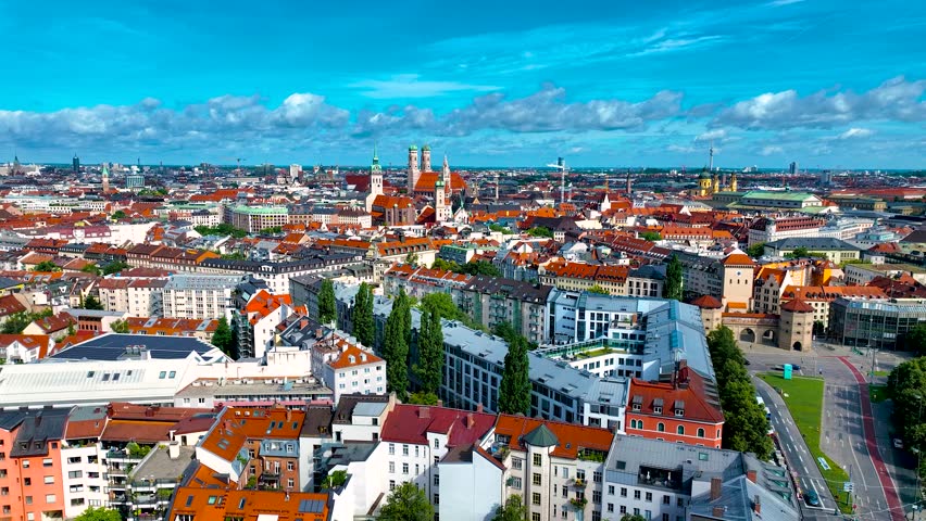 Aerial view of central Munich and Isartor, the one of four main gates of the medieval city wall, Germany, Europe