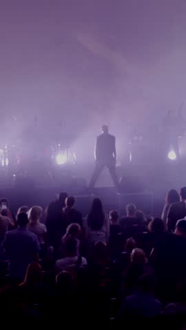 Vertical, A concert hall alive with the energy of a live performance. A vibrant spectacle of light and sound, captivating the crowd. A rock band is playing on stage. Electric energy fills the venue