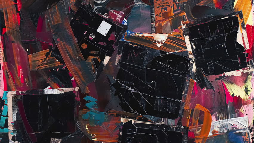 Rich multicolor grunge background with vibrant red, teal, and black paint paper layers, distressed overlays, bold brush textures, and chaotic expressive collage-style surface