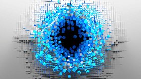 Blue cubes move out from the center of white screen, a hole formed and reveals a black background. Abstract 3D animated intro. Alpha channel as matte mask included. 3D Illustration - Powered by Shutterstock - Get 15% off with code: PIKWIZARD15