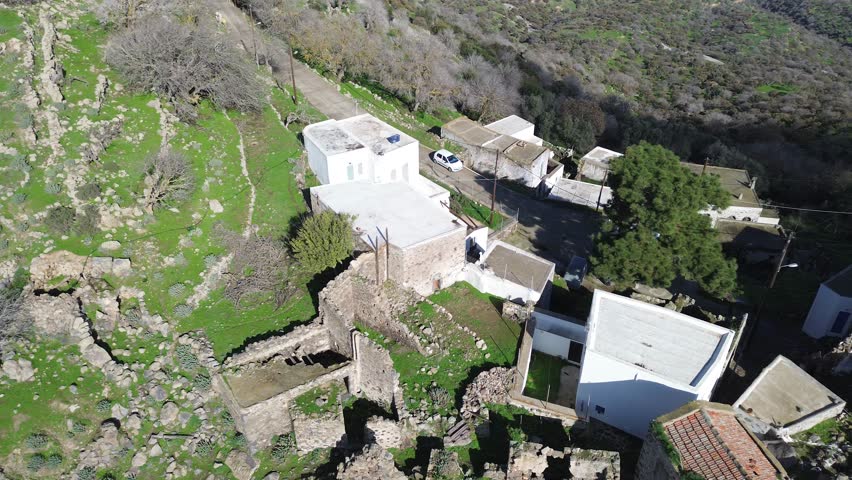 Emporeios, Island Nisyros, Greece - January 10th, 2025 - drone footage of the village, ruins and church 