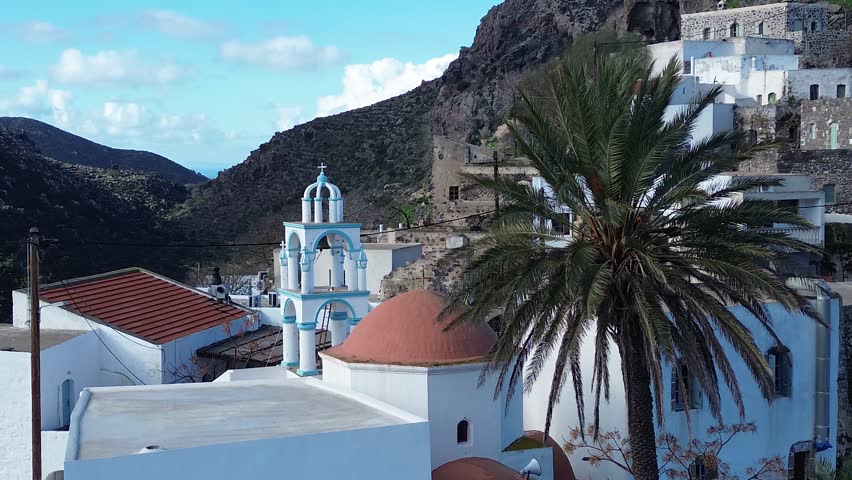 Emporeios, Island Nisyros, Greece - January 10th, 2025 - drone footage of the village, ruins and church 