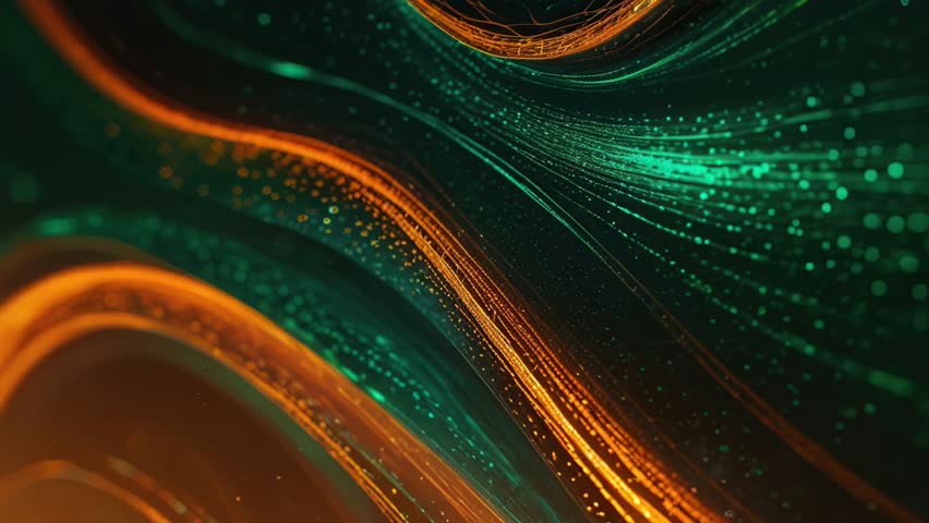 Dive into a mesmerizing world of vibrant green and orange light trails, swirling and dancing in a captivating abstract display. Experience the energy and beauty of this kinetic visual masterpiece.