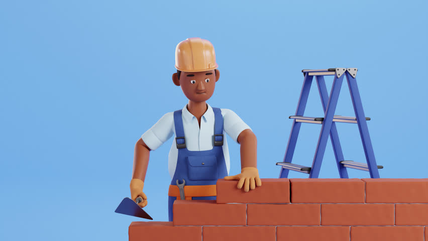 Builder character animation. Сonstruction worker building a brick wall, trowel in hand. Professional worker, renovation service. step ladder. animated stock footage, cartoon style, 3d render