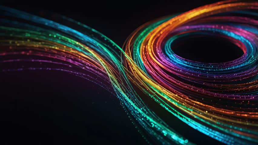 Dive into a mesmerizing world of vibrant rainbow light trails swirling and flowing in captivating kinetic patterns. Experience the beauty of abstract art in motion!