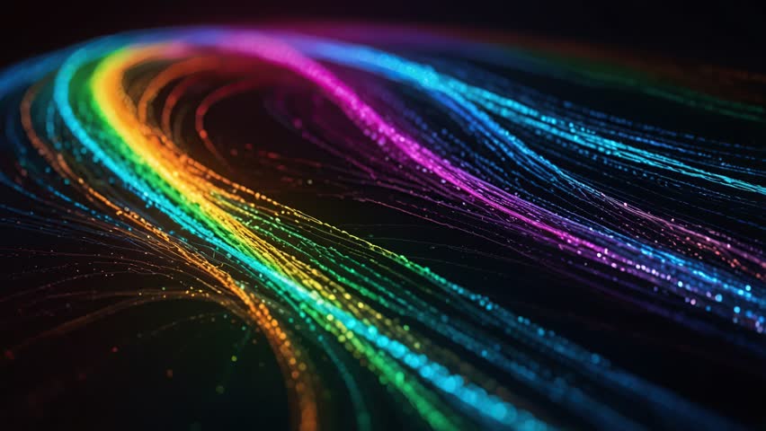 Dive into a mesmerizing world of vibrant color! Watch as rainbow light trails dance and swirl, creating an abstract kinetic masterpiece. Feel the energy and hypnotic rhythm.