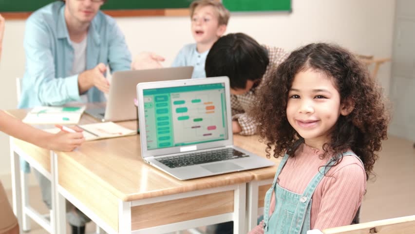 American student turn around and looking at camera in STEM technology class while group of diverse smart student and teacher doing mind mapping. Smart child learning coding software program. Pedagogy. - Powered by Shutterstock - Get 15% off with code: PIKWIZARD15
