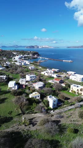 Paloi, Island Nisyros, Greece - January 10th, 2025 - drone footage of the village, Aegean sea and landscape of the island
