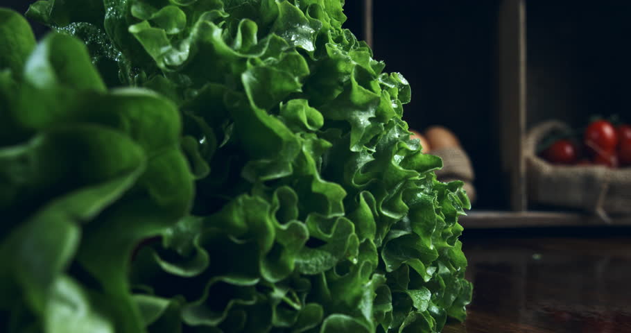 Super Slow Motion Close Up of Fresh Cherry Tomatoes Falling onto Green Lettuce with Water Droplets in a Rustic Kitchen Restaurant Setting at 1000 fps.