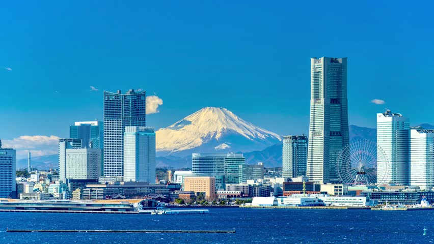 Spectacular view of Mt. Fuji and Yokohama Minato Mirai time lapse 2025