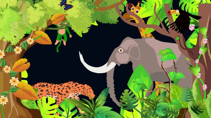 Wildlife Jungle Scene – Elephant, Giraffe, Leopard, and Birds Cartoon 2D Animation, Hand-Drawn in Moho (No AI