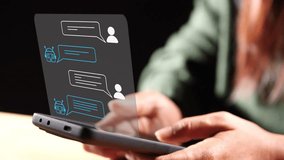 Chatbot AI, Artificial Intelligence. Women using mobile smartphone chatting with AI chatbot, conversation assistant, customer support. Concept of technology, digital communication, online information - Powered by Shutterstock - Get 15% off with code: PIKWIZARD15