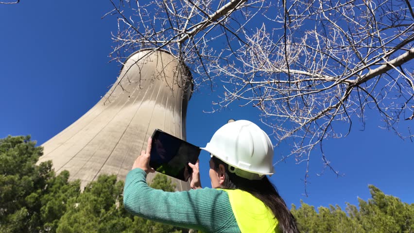 Female engineer with laptop at a power plant. Concept: energy and engineering. Bright, outdoor setting.	