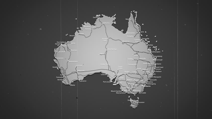 Gray Australia map with cities, roads and railroads. 4K retro style animation