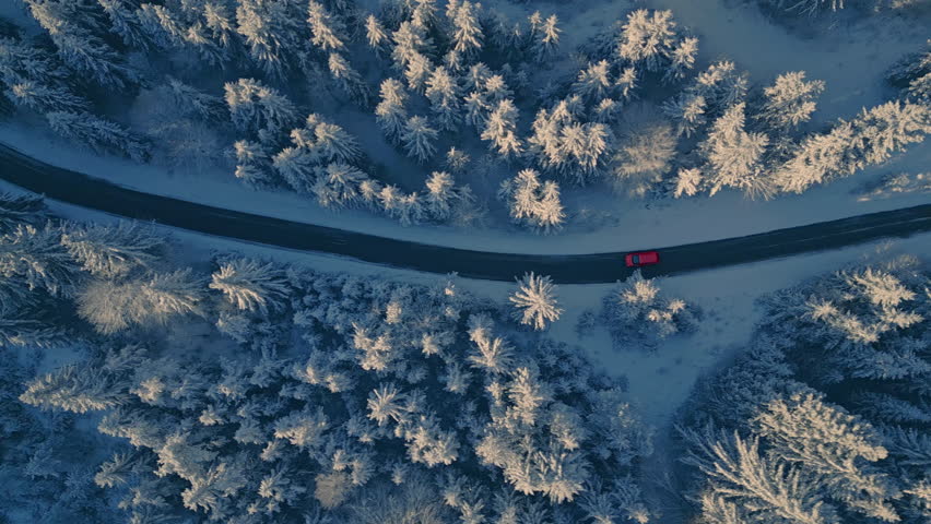 Red car traveling along scenic asphalt trail in winter forest aerial view. Vehicle journey in snowy wild scenery sunlit with morning sun drone tracking shot