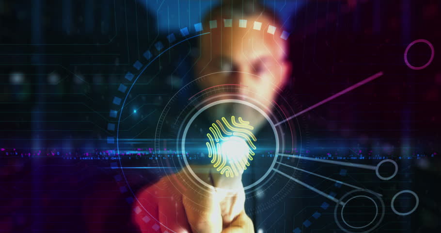 Fingerprint biometric identification access security symbol digital abstract 3d concept. Finger touch screen. Cyber technology and network background. Man pushes computer display.