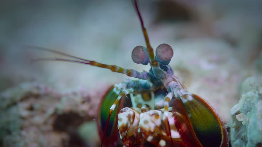Close up of a Peacock mantis shrimp (Odontodactylus scyllarus) on coral reef, Eyes and mustache are clearly visible, Great Barrier Reef, Australia.