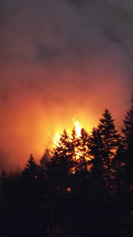 Large forest fire burns the side of a mountain near Portland Oregon. Vertical Video.