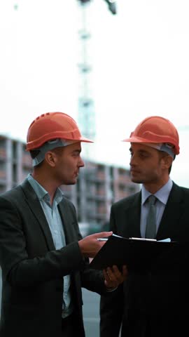 4k. Ultra HD. businessmen and architect sign document on textpad. They happy of good deal, smile and speak. Orange helmets black suit and tie. Static middle shot with modern building bg. Crane 