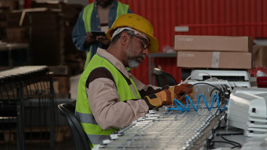 Medium side shot of mature biracial male assembly line specialist positioning wires on LED lamp component before soldering to circuit board, engineer with tablet is walking by, at industrial workshop