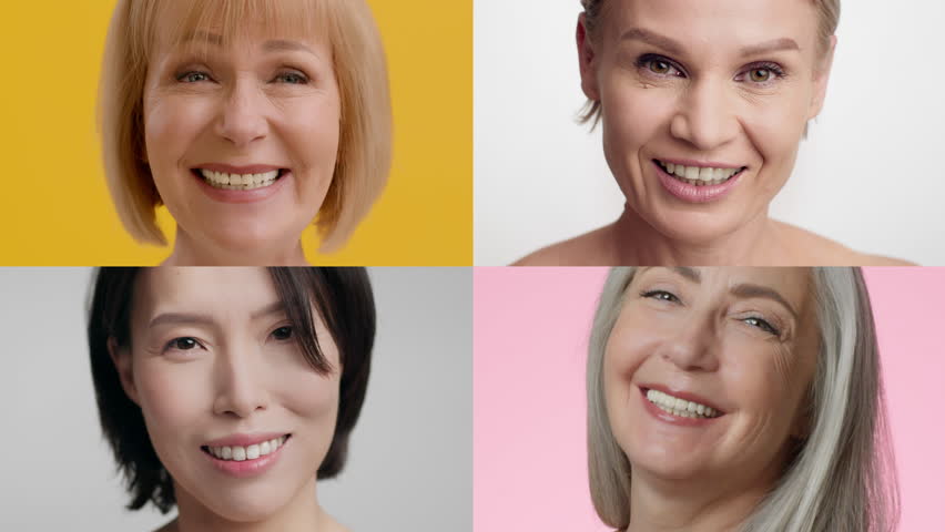 Four women representing different age groups smile brightly against vibrant backgrounds. Their expressions convey happiness, showcasing diversity and positivity in their interactions.