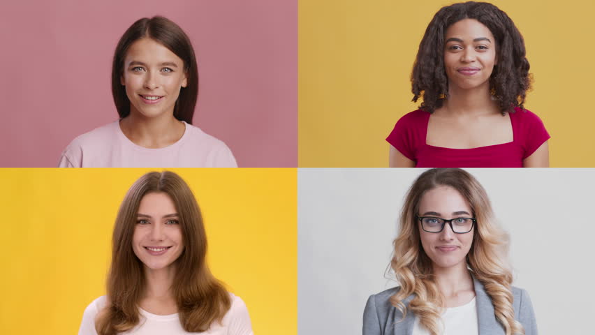 Four individuals display joyful and surprised expressions against vibrant backgrounds. This collection showcases multiracial faces celebrating positive emotions with engaging gestures.