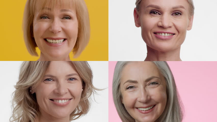 Four women of varying ages smile brightly against vibrant, colorful backgrounds, showcasing happiness and diversity in expressions and hairstyles.