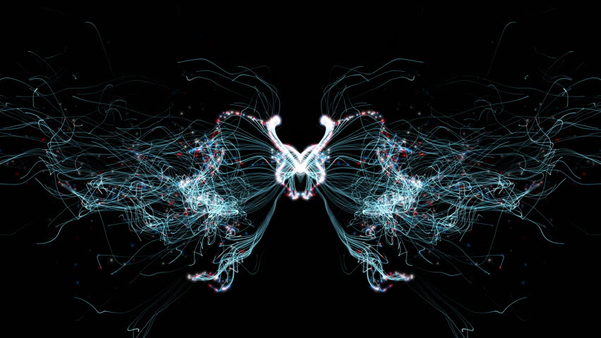Butterfly-style kaleidoscopic particle background featuring symmetrical shapes and rays
