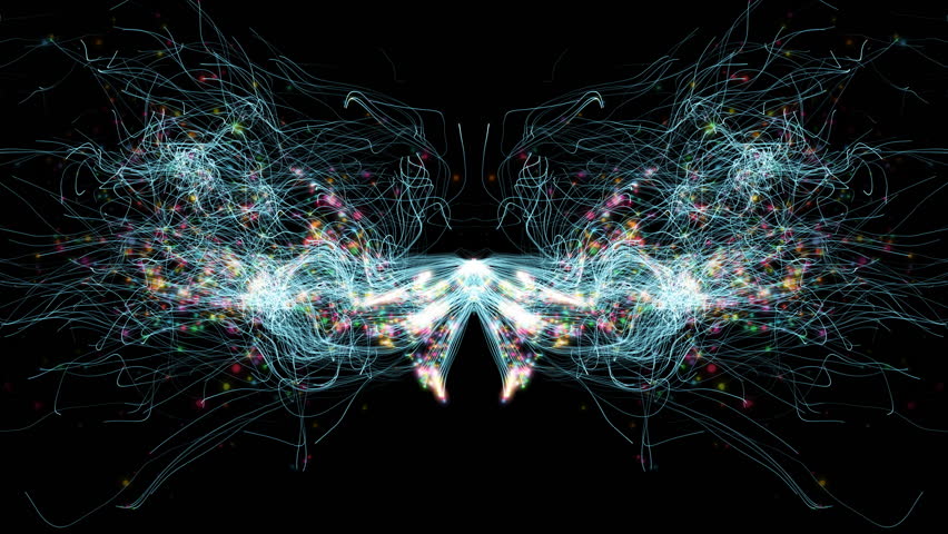 Butterfly-style kaleidoscopic particle background featuring symmetrical shapes and rays
